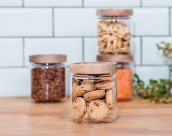 Set van 4 kleine voorraadpotjes met houten deksel 500ml handgeblazen | mini voorraadpotjes & kruidenpotjes, kleine voorraadpotjes