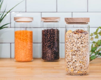 Set van 3 voorraadpotten met deksel 1000ml mondgeblazen | Voorraadpotten met houten deksels, voorraadbakjes voor muesli, meel & suiker