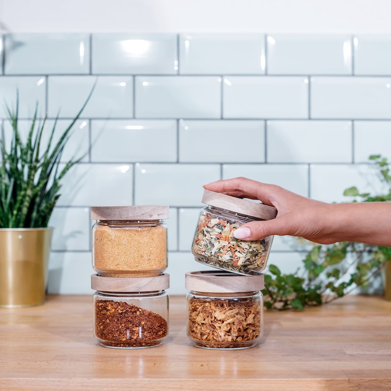 Set of 4 mini storage jars with wooden lids 300ml hand-blown Spice jars, sustainable glass storage containers/storage containers image 1