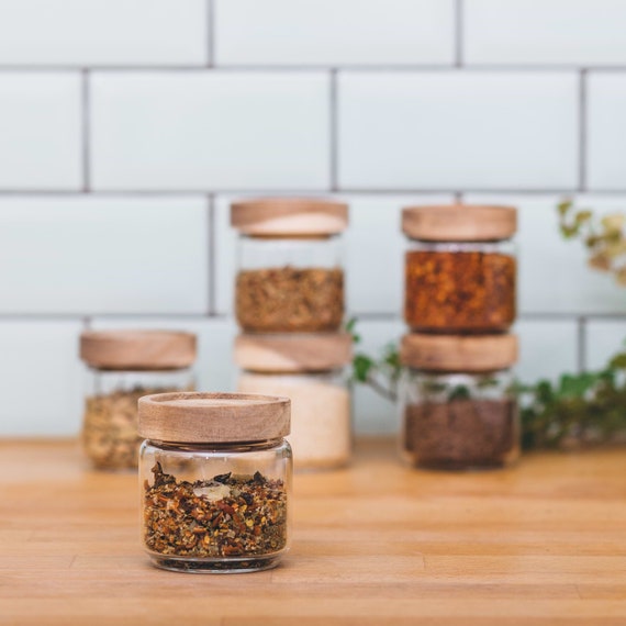 Set of 6 Spice Jars With Wooden Lids 150ml Mini Glass Storage Jars