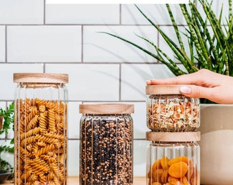 Set Di 4 Barattoli In Vetro Borosilicato Con Coperchio In Legno – 300 Ml, Per Conservare Pasta, Caffè, Spezie