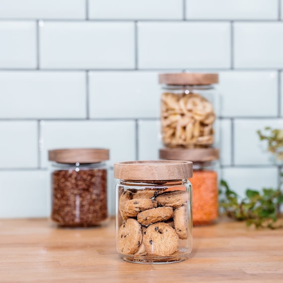 4er Set kleine Vorratsgläser mit Holzdeckel 500ml mundgeblasen | mini Vorratsdosen & Gewürzgläser, kleine Aufbewahrungsgläser