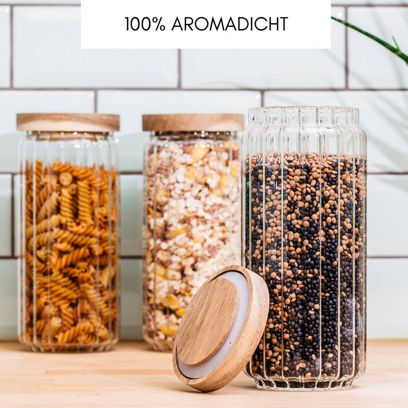 3er Set Vorratsgläser mit Muster 1000ml mundgeblasen Vorratsdosen mit Holzdeckel, Aufbewahrungsbehälter für Müsli, Mehl & Zucker Bild 3