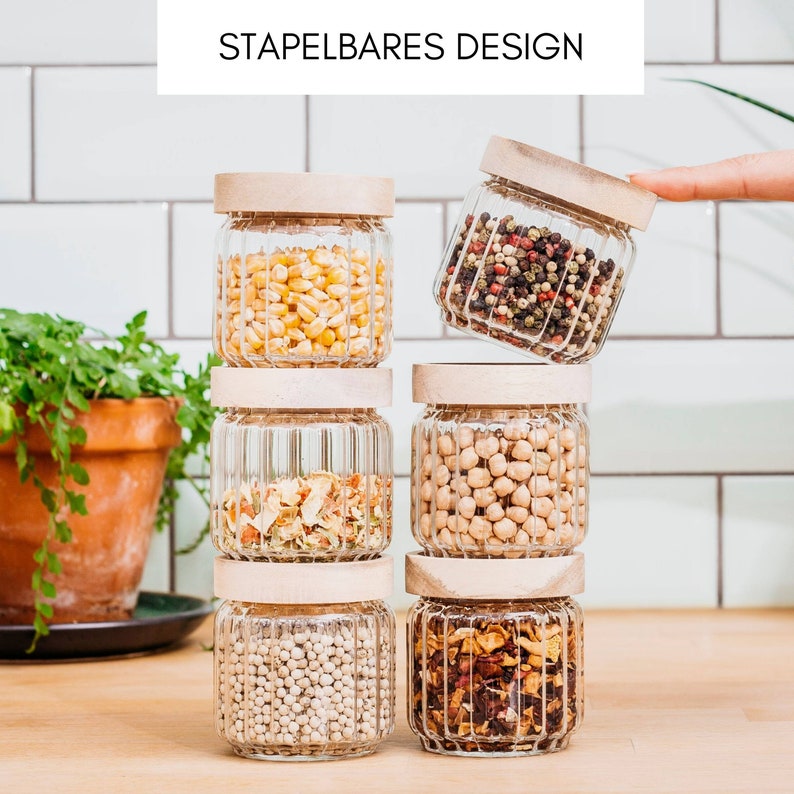 Set of 6 spice jars with pattern and wooden lid 150ml Mini storage jars for spice racks, kitchen cabinets, storage & storage image 4