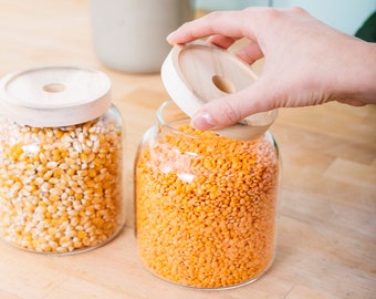 Set of 2 plastic-free storage jars 900ml with wooden lids for storage, kitchen cupboards & storage 900ml