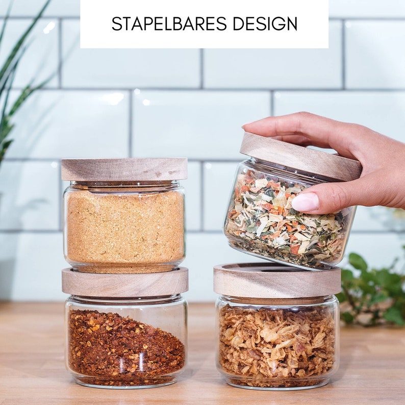 Set of 4 mini storage jars with wooden lids 300ml hand-blown Spice jars, sustainable glass storage containers/storage containers image 4