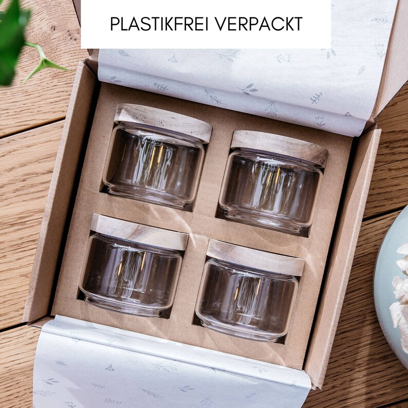 4er Set mini Vorratsgläser mit Holzdeckel 300ml mundgeblasen Gewürzgläser, Nachhaltige Vorratsdosen aus Glas/Aufbewahrungsdosen 画像 6