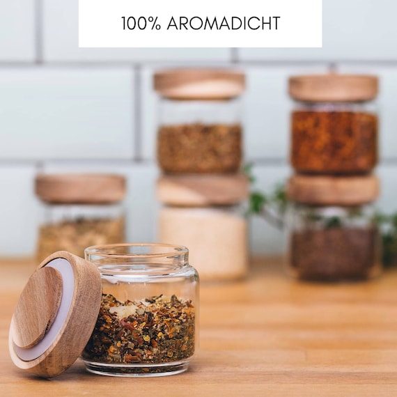 Set of 6 Spice Jars With Wooden Lids 150ml Mini Glass Storage Jars