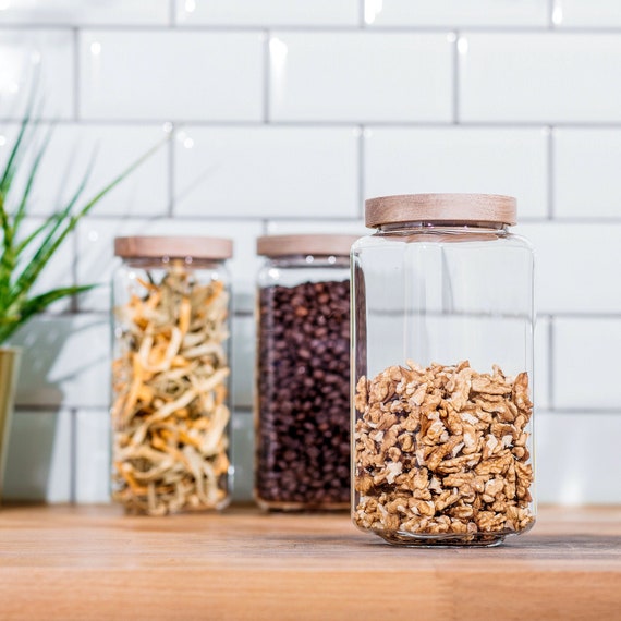 3er Set eckige Vorratsgläser 1200ml | Vorratsdosen & Aufbewahrungsgläser mit Holzdeckel stapelbar f. Vorratshaltung, Küchenschränke