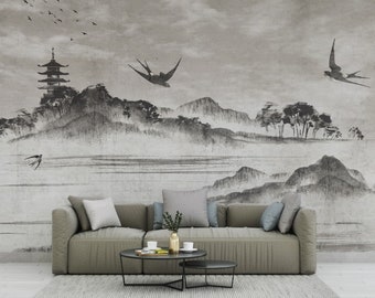 Papel pintado mural de hormigón, pájaros y paisajes de montaña, póster mural de pelar y pegar arte clásico sala de estar dormitorio póster de pared autoadhesivo