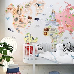 Animal Themed Weltkarte, maßgefertigt für Kinderzimmer Peel and Stick Wandsticker Minimalistisches skandinavisches Design abnehmbare Wandkunst