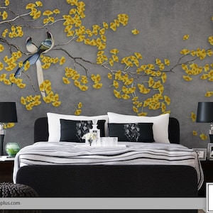 Fiori gialli e uccelli Wallpaper.Peel and Stick, Adesivo murale, Arte murale rimovibile