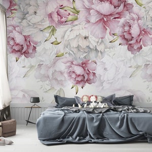 Pink Peonies Flowers and Leaves on White Background Peel and stick mural  Wall decoration Floral Wallpaper Scandinavian Design Removable