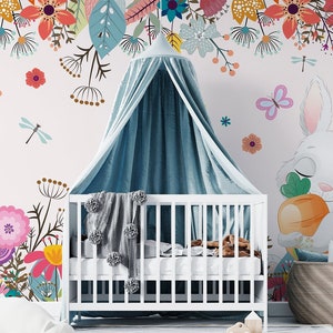 Little Rabbit e carta da parati floreale Peel and Stick Adesivo da parete Minimalistic Scandinavian Design Removable Wall Art
