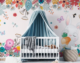Little Rabbit and Floral Wallpaper Peel and Stick Wall Sticker  Minimalistic Scandinavian Design Removable Wall Art