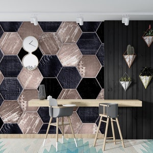 Peel and Stick Wallpaper with Vintage Hexagons in Black and Beige - A Unique Statement for Your Living Room and Bedroom