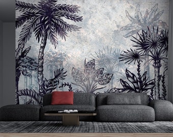 Tropical leaves and forest themed wallpaper. Peel and Stick Wall Sticker  Minimalistic Scandinavian Design Removable Wall Art
