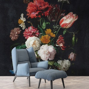Peonie e fiori misti su sfondo nero Buccia e bastone poster murale Decorazione murale Carta da parati floreale Design scandinavo Rimovibile