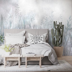 Acquerello Wild Flowers campo, Concrete grey Carta da parati, Peel and stick poster murale Decorazione murale Floral Design Carta da parati rimovibile