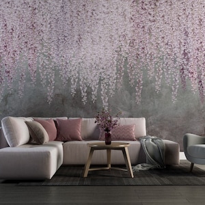 Bella vite di glicine rosa appesa, carta da parati glicine, murale di glicine, poster murale a buccia e bastone decorazione murale Decorazione floreale Carta da parati floreale