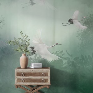 Chinoiserie Flowers and Crane Birds Mural Wallpaper, Peel and Stick Mural Poster Classic Art Living Room Bedroom Self Adhesive Wall Poster