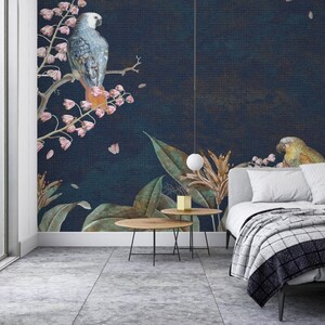 Tropical Trees Leaves and Parrotson dark background  Peel and Stick Wallpaper.  Wall Sticker  MinimalisticDesign Removable Wall Art