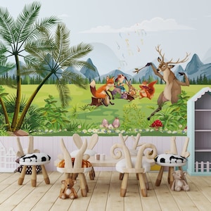 Animali che suonano strumenti musicali nella carta da parati della foresta. Peel and Stick Adesivo da parete Minimalistic Scandinavian Design Rimovibile Wall Art