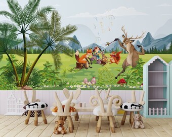 Animals playing musical instruments in the forest wallpaper. Peel and Stick Wall Sticker Minimalistic Scandinavian Design Removable Wall Art
