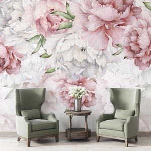 Pink Peonies Flowers and Leaves on White Background Peel and stick mural  Wall decoration Floral Wallpaper Scandinavian Design Removable