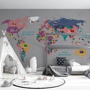 Mapa del mundo temático de banderas de países, hecho a medida para habitaciones infantiles. Peel and Stick Wall Sticker Diseño escandinavo minimalista extraíble