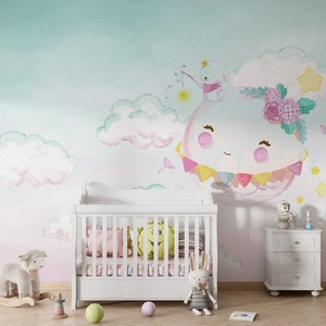 KinderzimmerTapete mit dem Thema Bären angeln auf Mond und Himmel. Wandsticker abnehmbare Wandkunst