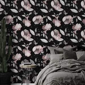 Peonies Flowers, Floral Wallpaper, Black Background, Peel and stick mural Wall decoration Floral Wallpaper Scandinavian Design Removable