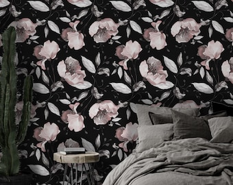 Peonías Flores, Papel Pintado Floral, Fondo Negro, Pelar y pegar mural Decoración de pared Papel Pintado Floral Diseño Escandinavo Extraíble