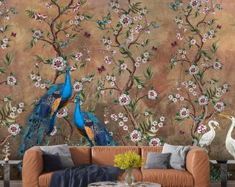 Chinoiserie Flowers and Birds Wallpaper, Peacock, Peel and Stick ,Mural ,Poster ,Classic Art ,Living Room ,Bedroom,