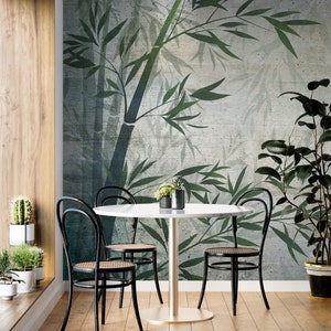 Alberi e foglie di bambù tropicale, carta da parati con texture in cemento, carta da parati a buccia e bastone, murale a parete rimovibile, carta da parati traspirante non traspirante