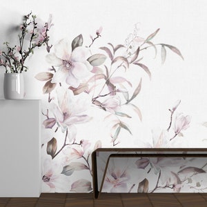 Watercolor Peonies Flowers on White Background Peel and stick mural poster Wall decoration Floral Wallpaper Scandinavian Design Removable
