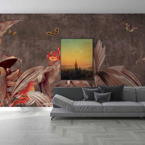Tropical Leaves and Birds on Concrete Background Wallpaper - Peel and Stick Wall Mural - Removable Wallart