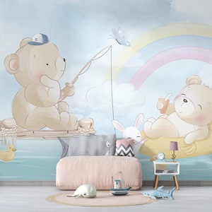 Vissen beren onder regenboog - Kinderkamer behang - Peel and Stick behang - Baby boy muurschildering