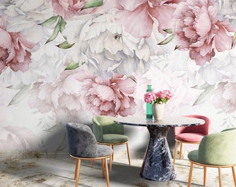 Pink Peonies Flowers and Leaves on White Background Peel and Stick Mural  Wall decoration Floral Wallpaper Design Removable