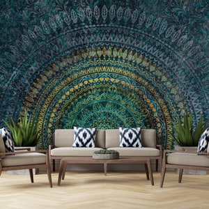 Antique Damask Design Wallpaper Blue and Yellow Colour Peel and Stick Mural Poster Classic Art Living Room Bedroom Self Adhesive Wall Poster