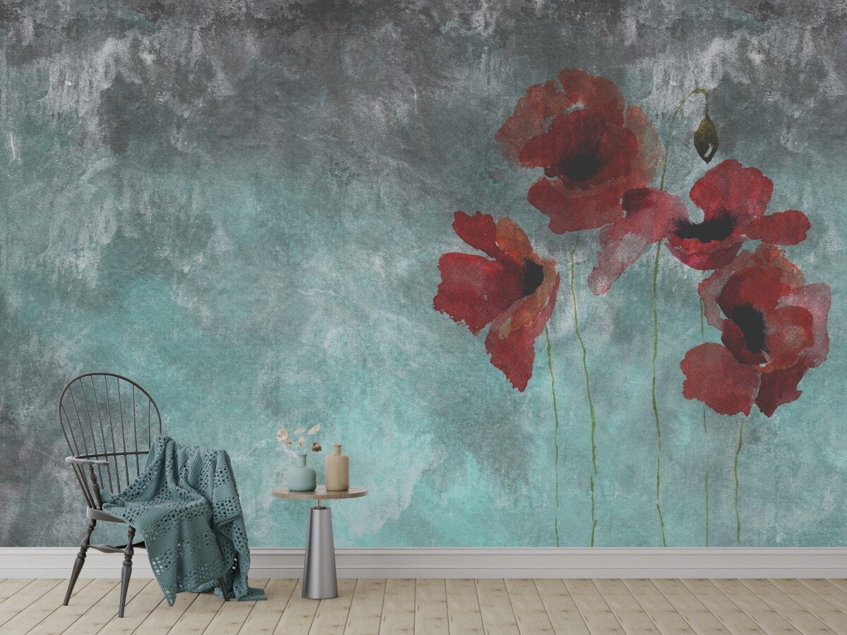 Watercolour Red Flower on Ligth Blue Concrete Backround - Etsy Watercolour Red Flower on Ligth Blue Concrete Backround - Etsy