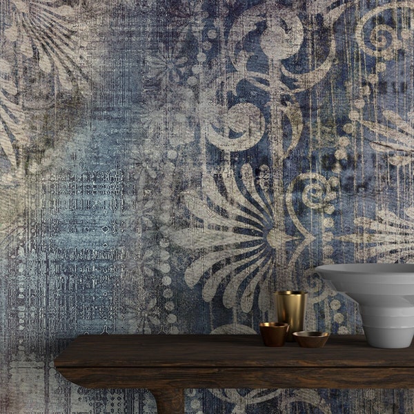 Antique Damask Design Wallpaper Blue and Beige Colour Peel and Stick Mural Poster Classic Art Living Room Bedroom Self Adhesive Wall Poster