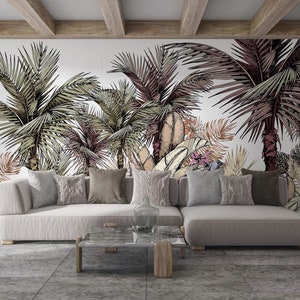 Carta da parati colorata foglie tropicali. Sbucciare e incollare, murale con paesaggio floreale e tropicale, decorazione da parete murale tropicale vintage