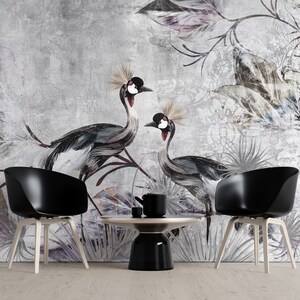 Pájaros grulla y hojas grandes, papel tapiz de diseño de adorno, póster mural de pelar y pegar arte clásico Sala de estar Dormitorio Póster de pared autoadhesivo