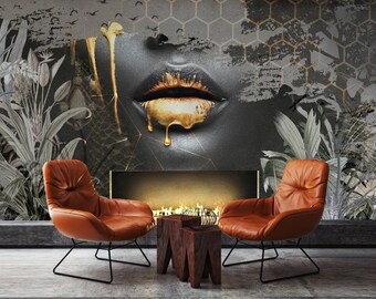 Golden Lips, Black woman painting wallpaper background