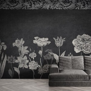 Damask Design Wallpaper, Peonies Flowers Wallpaper, Peel and Stick Mural Poster Classic Art Living Room Bedroom Self Adhesive Wall Poster