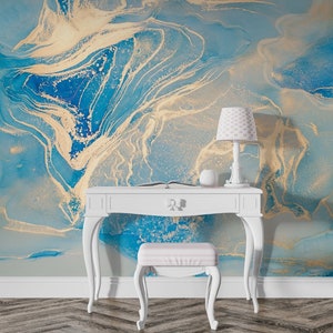 Peel and Stick Wallpaper with Gold Look and Blue Abstract Marble Pattern - Luxurious Design for Your Living Room and Bedroom