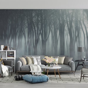 Bäume und Nebel Thema Tapete Muster. Peel and Stick Wandsticker Minimalistisches skandinavisches Design abnehmbare Wandkunst
