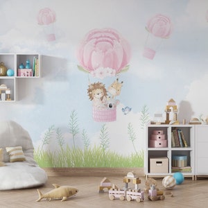 Animali del cielo e carta da parati a tema palloncino. Peel and Stick Adesivo da parete Minimalistic Scandinavian Design Rimovibile Wall Art