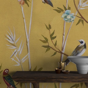 Chinoiserie Flores y Pájaros Papel pintado, Pájaros de oro, Peel and Stick Póster mural Arte clásico Sala de estar Dormitorio Póster de pared autoadhesivo